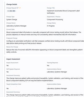 A controlled change record with impact assessment — clause-level evidence generated by the workflow