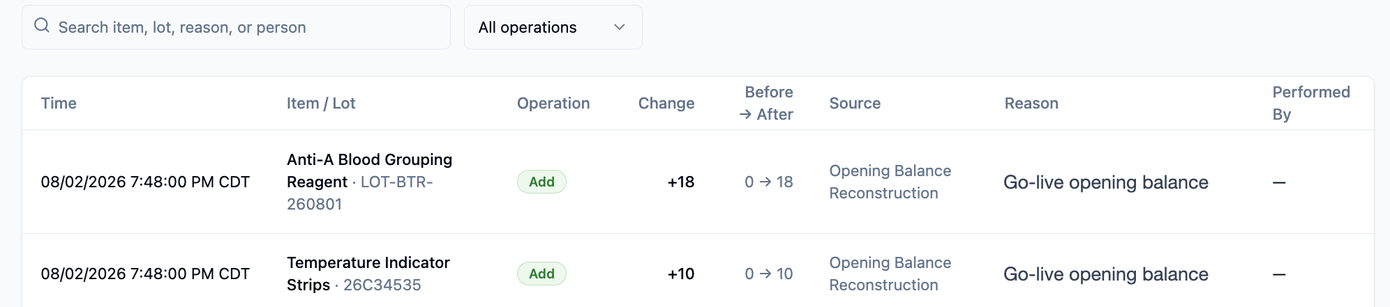 Kintavo transaction ledger rows showing timestamped inventory operations with before-and-after quantities, source, and reason