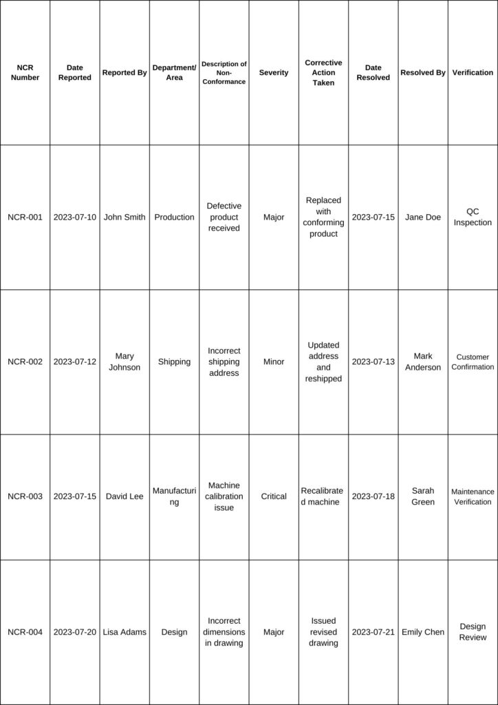 non-conformance table